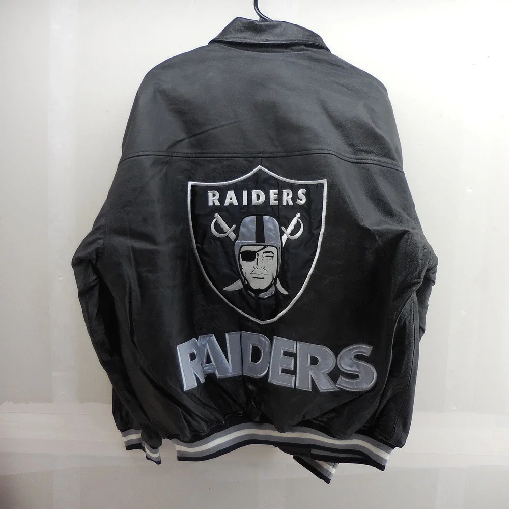 NFL Game Day Raiders Genuine Leather Bomber Jacket Black Embroidered Mens M